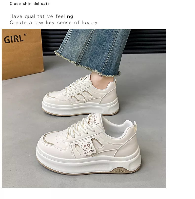 low-top white skate shoes, women's sporty casual 8519