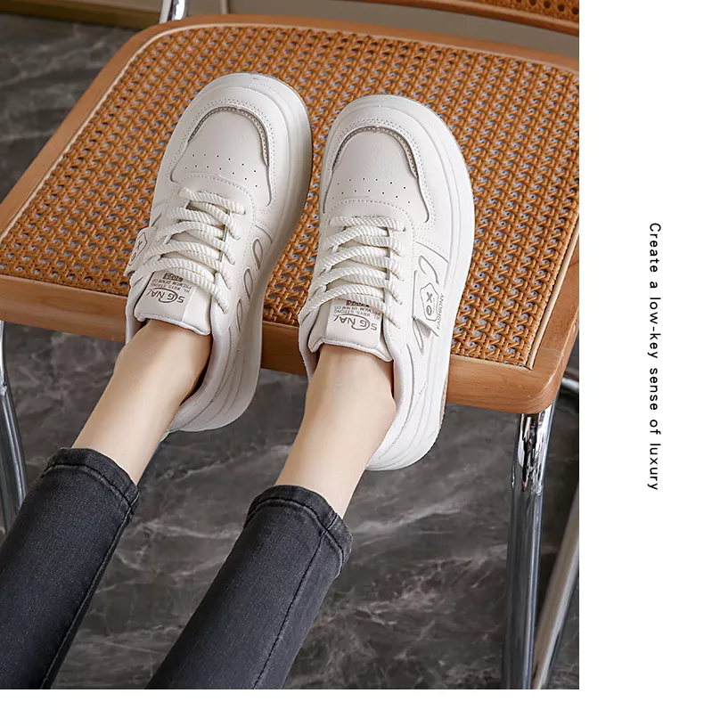 low-top white skate shoes, women's sporty casual 8519