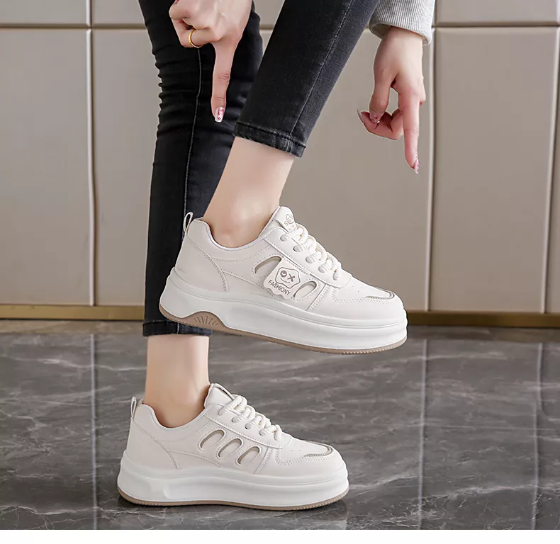 low-top white skate shoes, women's sporty casual 8519