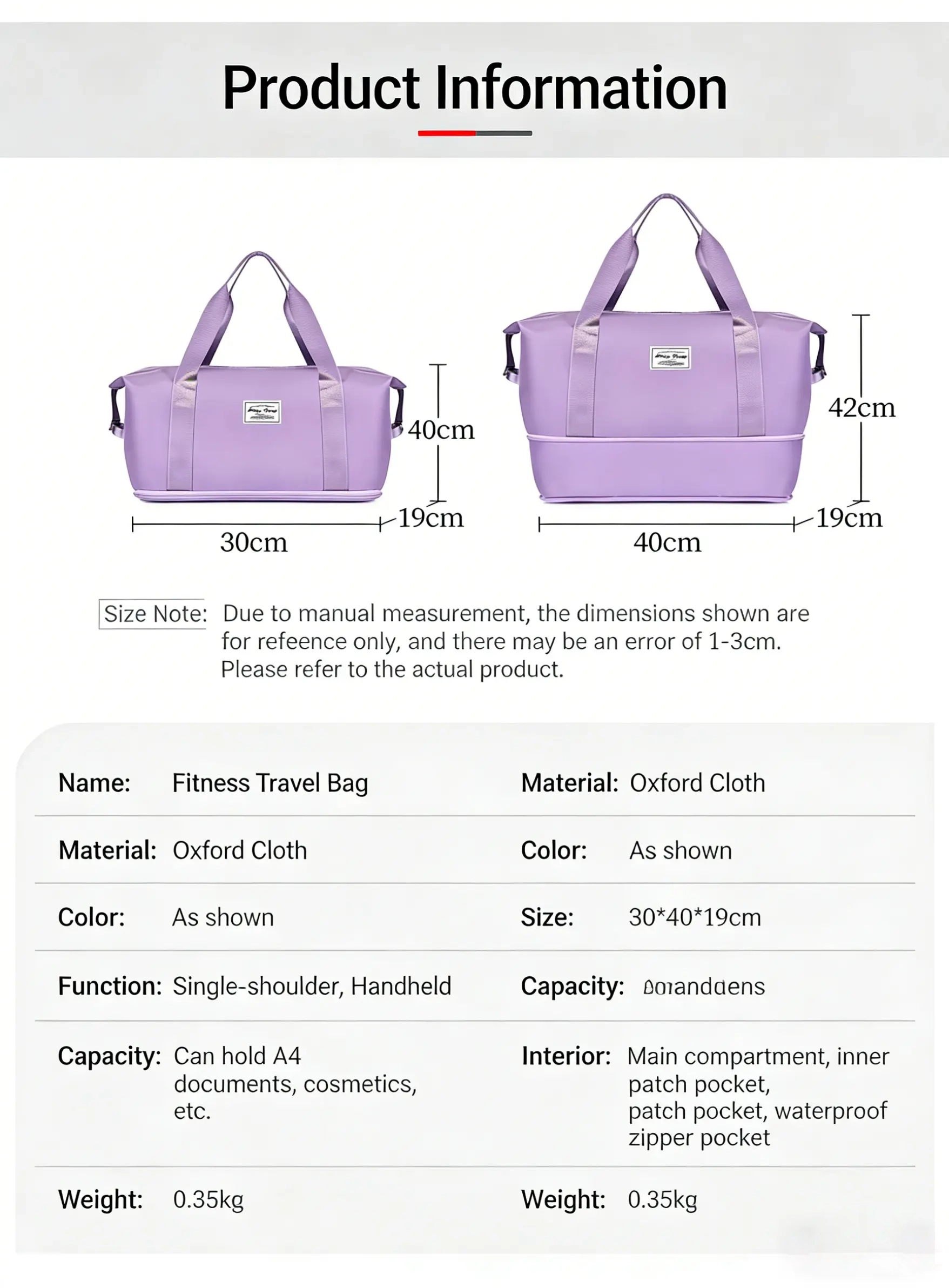 Large capacity portable short travel bag for women fashionable