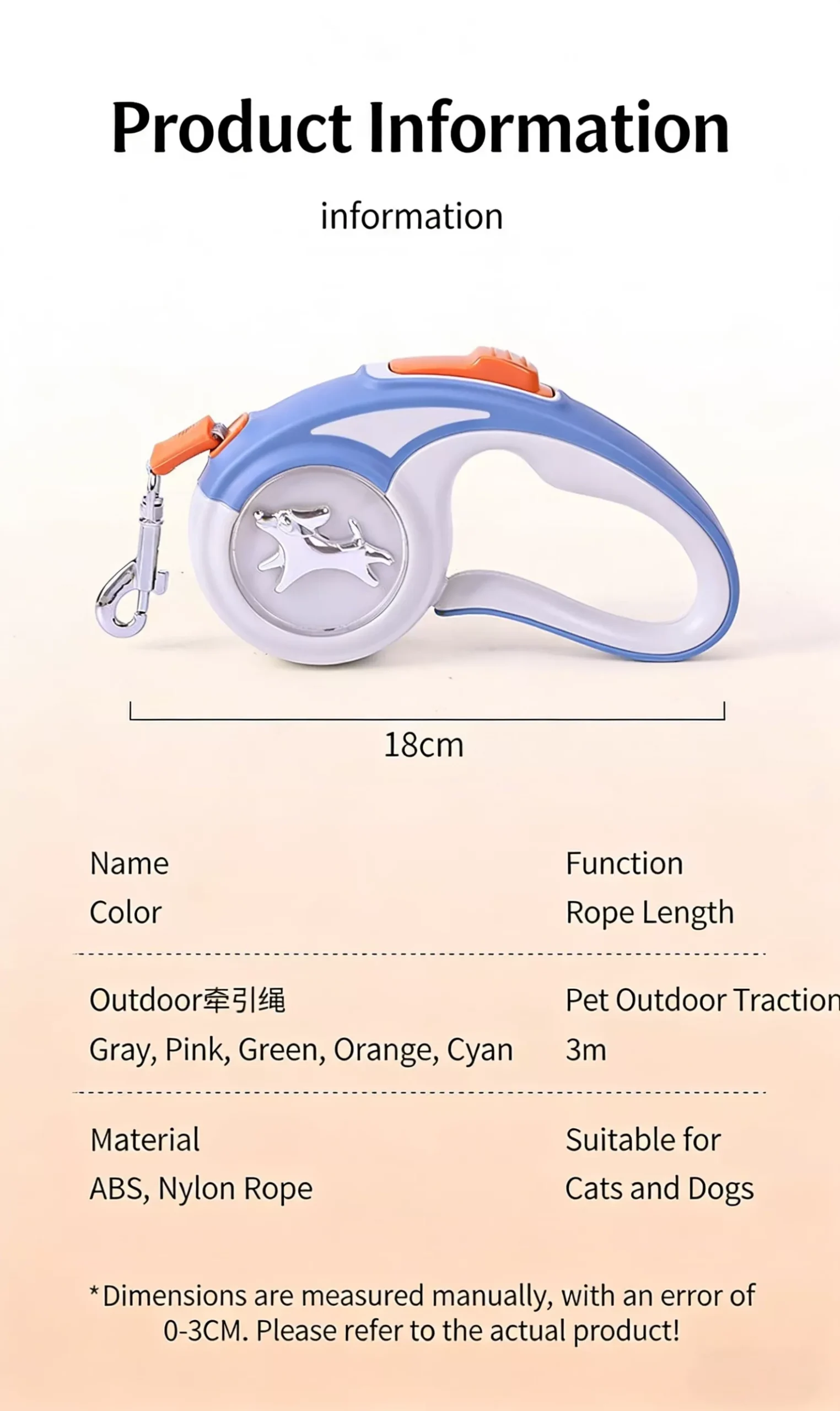 【Name】Safe and portable outdoor tow rope Material: Plastic 【Color】Grey/Orange/Pink/Green 【Size】3 meters [Box size] 40*37*32 [Number of boxes] 50 【Notes】 The product size is measured manually by placing the physical object horizontally, there may be an error of 1~3cm, please pay attention to this factor when purchasing! All product pictures are taken in real life, due to the difference in lighting, display may have color difference with the real thing, this kind of problem is not a product quality problem, the final color is subject to the actual product