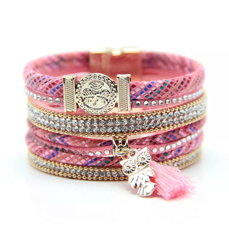 Bohemian Multi-Layer Leather Bracelet with Owl Charm & Tassel, Ethnic Style Women’s Wrap Bangle
