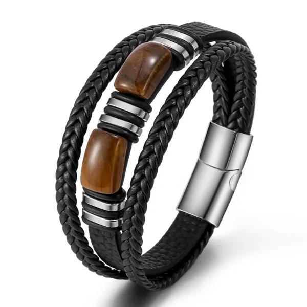 natural tiger's eye stone bracelet men's multi-layer leather woven stainless steel magnetic clasp bracelet 1 natural tiger's eye stone bracelet men's multi-layer leather woven stainless steel magnetic clasp bracelet